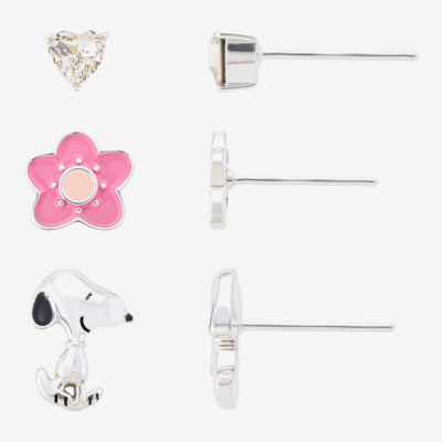 Womens Crystal Flower Heart Peanuts Snoopy 3 Pair Earring Set