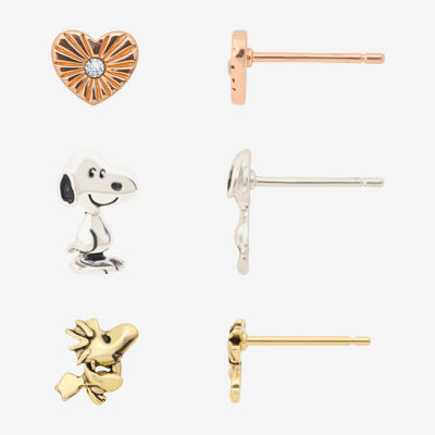 Womens Crystal 10K Gold Over Brass 10K Rose Gold Over Silver Heart Peanuts Snoopy 3 Pair Earring Set