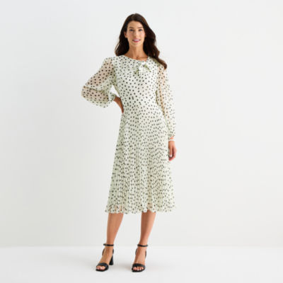 Danny & Nicole Womens Long Sleeve Dots Midi Fit + Flare Dress