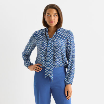 Black Label by Evan-Picone Womens Split Tie Neck Long Sleeve Blouse