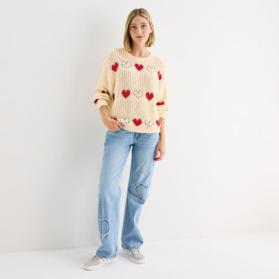 Arizona Juniors Womens Crew Neck Long Sleeve Hearts Pullover