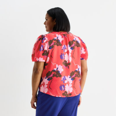 Liz Claiborne Womens Plus Puffed Short Sleeve Regular Fit Button-Down Shirt