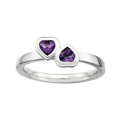 Personally Stackable Genuine Amethyst Sterling Silver Double-Heart Ring