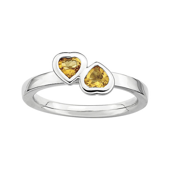 Personally Stackable Genuine Citrine Sterling Silver Double-Heart Ring
