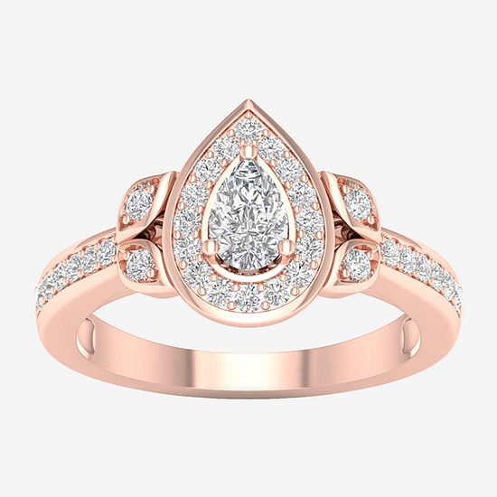 Certified Womens 1/2 CT. T.W. Lab Grown White Diamond 10K Rose Gold Pear Side Stone Halo Engagement Ring