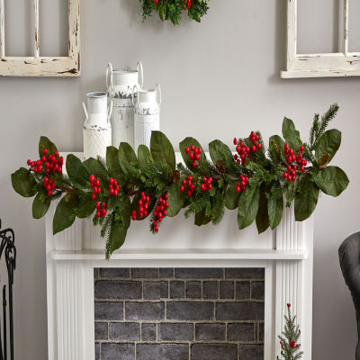 Nearly Natural 5ft. Magnolia Berry Pine Indoor Christmas Garland