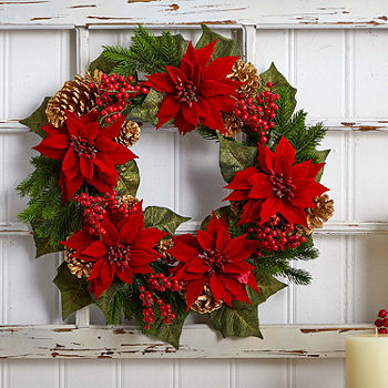 Nearly Natural 24in. Poinsettia; Berry And Golden Pinecone Indoor Christmas  Wreath, Color: Red - JCPenney