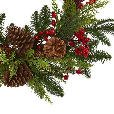 Nearly Natural 22in. Mixed Pine And Cedar With Berries And Pinecones Indoor Christmas Wreath