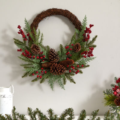 Nearly Natural 22in. Mixed Pine And Cedar With Berries And Pinecones Indoor Christmas Wreath