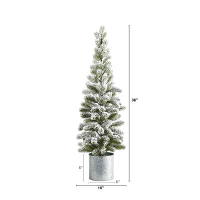 Nearly Natural 3 Foot Flocked Pine In Tin Planter Christmas Tree