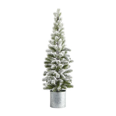 Nearly Natural 3 Foot Flocked Pine In Tin Planter Christmas Tree