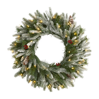 Nearly Natural 24in. Snowed With 50 Warm White Led Lights And Pine Cones Indoor Pre-Lit Christmas Wreath