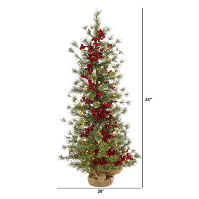 Nearly Natural 4 Foot Pine In Burlap Wrapped Base With Berry And 100 Warm White Lights Pre-Lit Christmas Tree