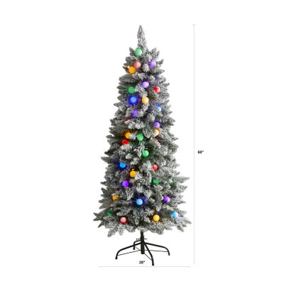 Nearly Natural 5 Foot Mountain Flocked Fir With 379 Bendable Branches And 50 Multi Color Globe Bulbs Pre-Lit Christmas Tree