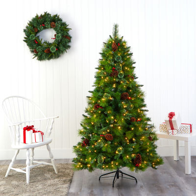 Nearly Natural 6 Foot Mixed Pine With Pine Cones And Berries And 350 Clear Led Lights Pre-Lit Christmas Tree