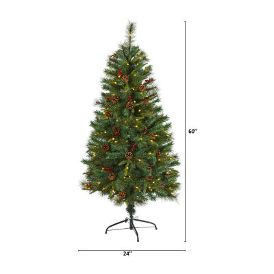 Nearly Natural 5 Foot Pine With Pine Cones And Berries And 150 Clear Led Lights Pre-Lit Christmas Tree
