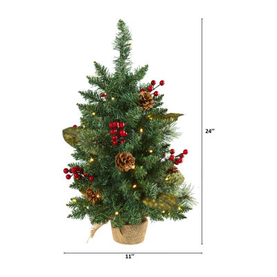 Nearly Natural 2 Foot Pine Withe Pinecones And Berries And 86 Bendable Branches And 35 Led Lights Pre-Lit Christmas Tree