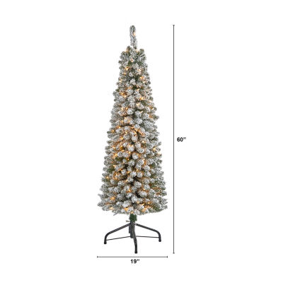 Nearly Natural 5 Foot Pencil Flocked Pine With 318 Bendable Branches And 200 Clear Lights Pre-Lit Christmas Tree