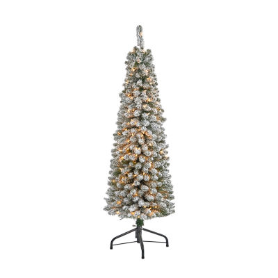 Nearly Natural 5 Foot Pencil Flocked Pine With 318 Bendable Branches And 200 Clear Lights Pre-Lit Christmas Tree