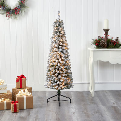 Nearly Natural 5 Foot Pencil Flocked Pine With 318 Bendable Branches And 200 Clear Lights Pre-Lit Christmas Tree