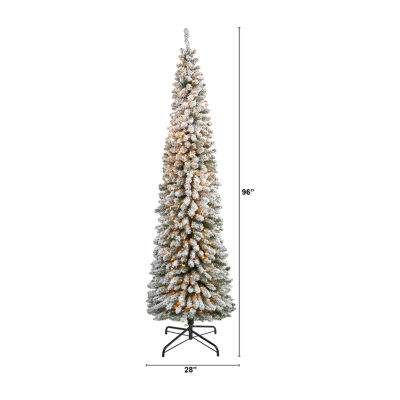 Nearly Natural 8 Foot Flocked Pencil Pine With 646 Bendable Branches And 500 Clear Lights Pre-Lit Christmas Tree