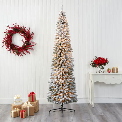 Nearly Natural 8 Foot Flocked Pencil Pine With 646 Bendable Branches And 500 Clear Lights Pre-Lit Christmas Tree