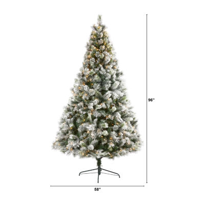 Nearly Natural 8 Foot Oregon Flocked Pine With 1172 Bendable Branches And 500 Clear Lights Pre-Lit Christmas Tree