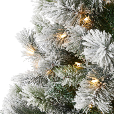 Nearly Natural 8 Foot Oregon Flocked Pine With 1172 Bendable Branches And 500 Clear Lights Pre-Lit Christmas Tree