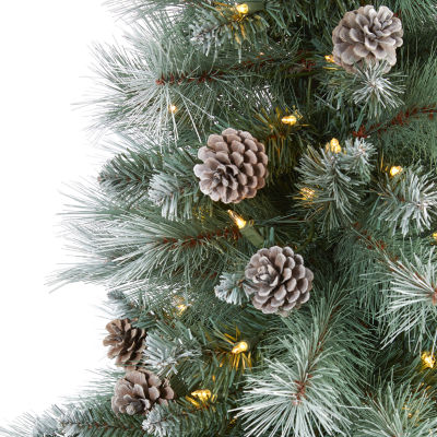 Nearly Natural 6 Foot Frosted Pine With Pine Cones And 588 Bendable Branches And 250 Clear Lights Pre-Lit Christmas Tree