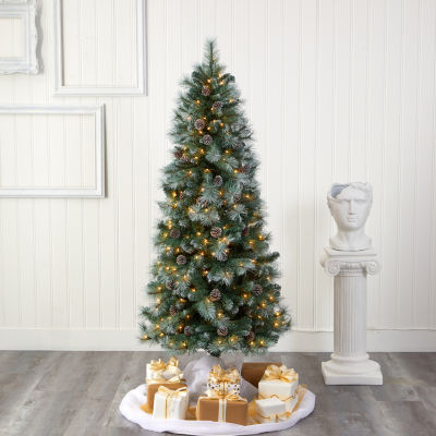 Nearly Natural 6 Foot Frosted Pine With Pine Cones And 588 Bendable Branches And 250 Clear Lights Pre-Lit Christmas Tree