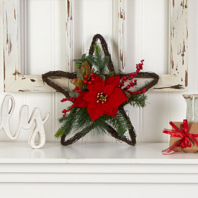 Nearly Natural 16in. Holiday Christmas Poinsettia Star Twig Indoor Christmas Wreath