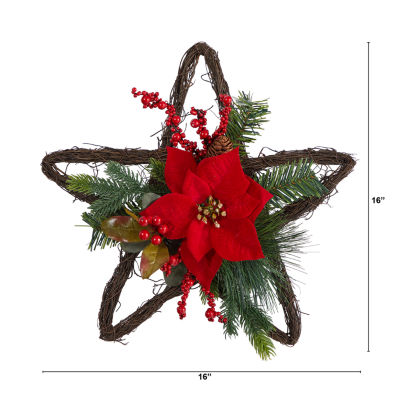 Nearly Natural 16in. Holiday Christmas Poinsettia Star Twig Indoor Christmas Wreath