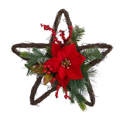 Nearly Natural 16in. Holiday Christmas Poinsettia Star Twig Indoor Christmas Wreath