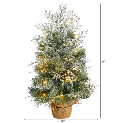 Nearly Natural 2 Foot Winter Frosted Fir In Burlap Base With 35 Led Lights Pre-Lit Christmas Tree