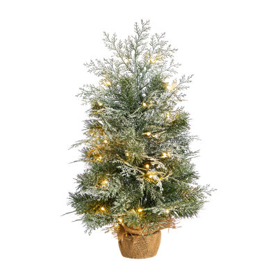 Nearly Natural 2 Foot Winter Frosted Fir In Burlap Base With 35 Led Lights Pre-Lit Christmas Tree