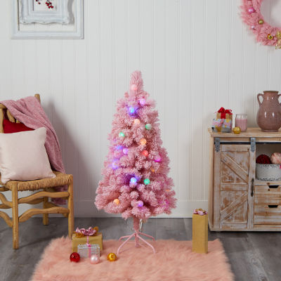 Nearly Natural 4 Foot Holiday Frosted Pink Cashmere Pine With 30 Jumbo Multicolored Globe Led Lights Pre-Lit Christmas Tree