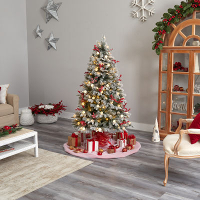 Nearly Natural 6 Foot Snow Tipped Flocked Fir With Berries And 906 Bendable Branches And 200 Led Lights And 50 Led Globe Lights Pre-Lit Christmas Tree