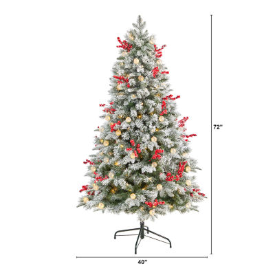 Nearly Natural 6 Foot Snow Tipped Flocked Fir With Berries And 906 Bendable Branches And 200 Led Lights And 50 Led Globe Lights Pre-Lit Christmas Tree