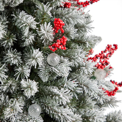 Nearly Natural 6 Foot Snow Tipped Flocked Fir With Berries And 906 Bendable Branches And 200 Led Lights And 50 Led Globe Lights Pre-Lit Christmas Tree