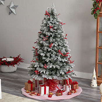 Snow Flocked Lighted Christmas Tree with Red Berry Branches 49.6 Tall