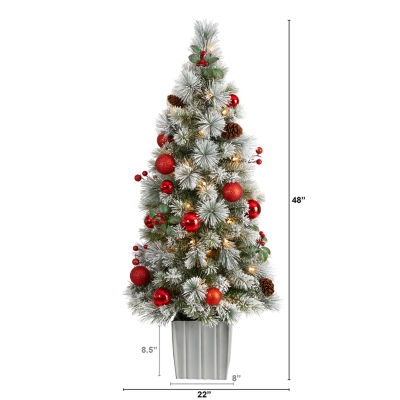 Nearly Natural 4 Foot Winter Flocked Pine In Decorative Planter With Ornaments And 50 Led Lights Pre-Lit Christmas Tree