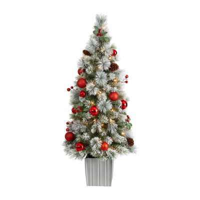 Nearly Natural 4 Foot Winter Flocked Pine In Decorative Planter With Ornaments And 50 Led Lights Pre-Lit Christmas Tree