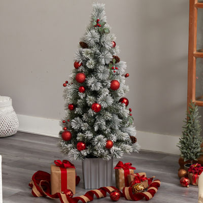 Nearly Natural 4 Foot Winter Flocked Pine In Decorative Planter With Ornaments And 50 Led Lights Pre-Lit Christmas Tree