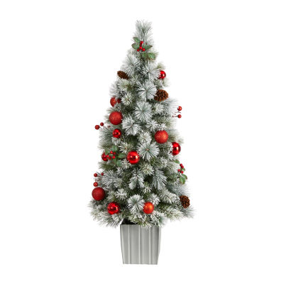 Nearly Natural 4 Foot Winter Flocked Pine In Decorative Planter With Ornaments And 50 Led Lights Pre-Lit Christmas Tree