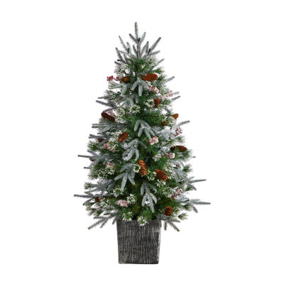 Nearly Natural 4 Foot Frosted Fir In Decorative Planter With Berries And 105 Led Lights Pre-Lit Christmas Tree