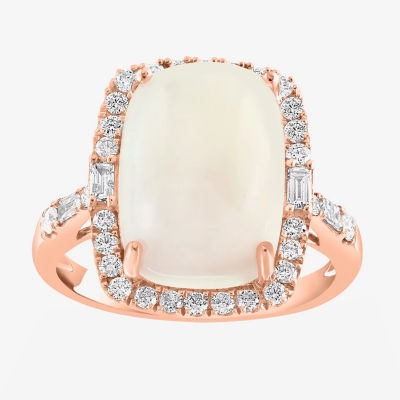 Effy Final Call Womens Genuine White Opal & 1/2 CT. T.W. Diamond 14K Rose Gold Cushion Halo Side Stone Cocktail Ring