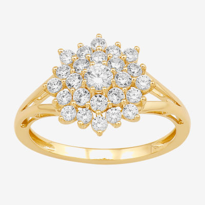 Sunburst Womens 3/4 CT. T.W. Lab Grown White Diamond 10K Gold Cluster Halo Cocktail Ring