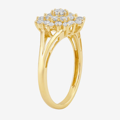 Sunburst Womens 3/4 CT. T.W. Lab Grown White Diamond 10K Gold Cluster Halo Cocktail Ring