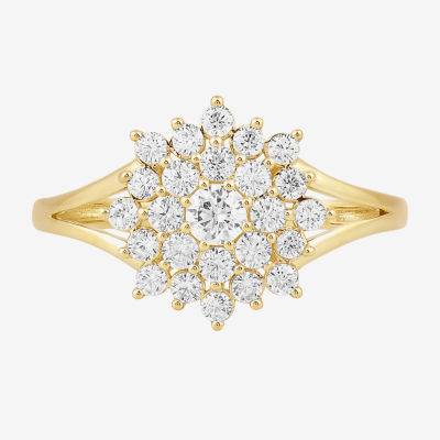 Sunburst Womens 3/4 CT. T.W. Lab Grown White Diamond 10K Gold Cluster Halo Cocktail Ring