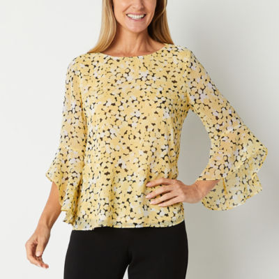 Black Label by Evan-Picone Printed Womens Crew Neck 3/4 Sleeve Blouse